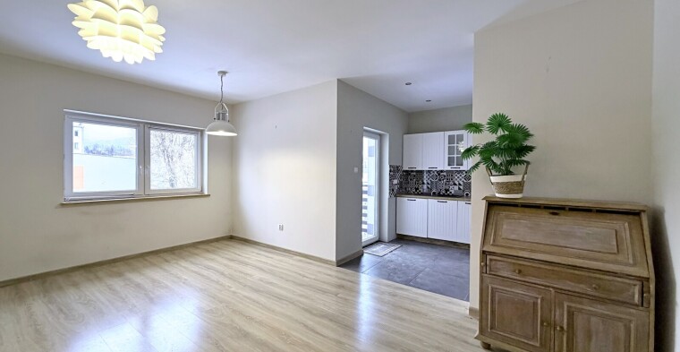 Salon z wnęką kuchenną w zabudowie i wyjściem na balkon. Biuro Nieruchomości Bielsko-Biała